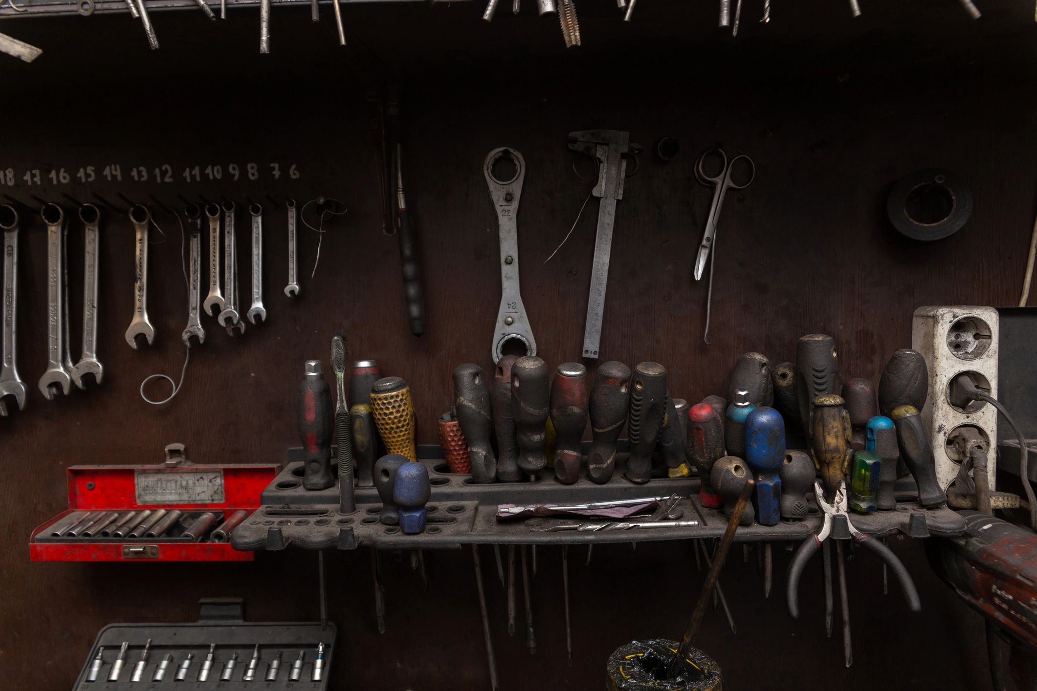 Organized mechanic tools in an auto repair shop