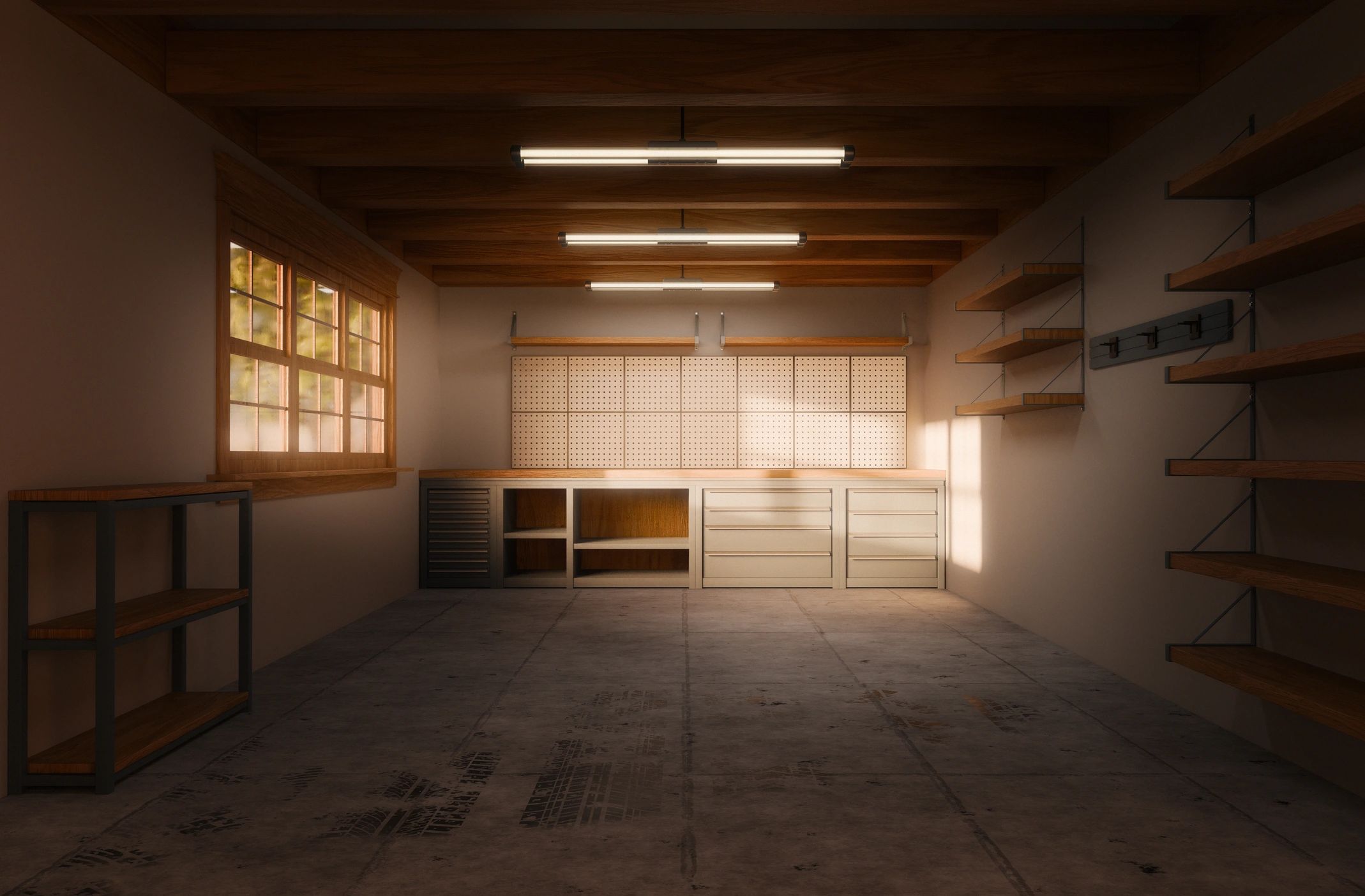 Garage interior with work area and lift