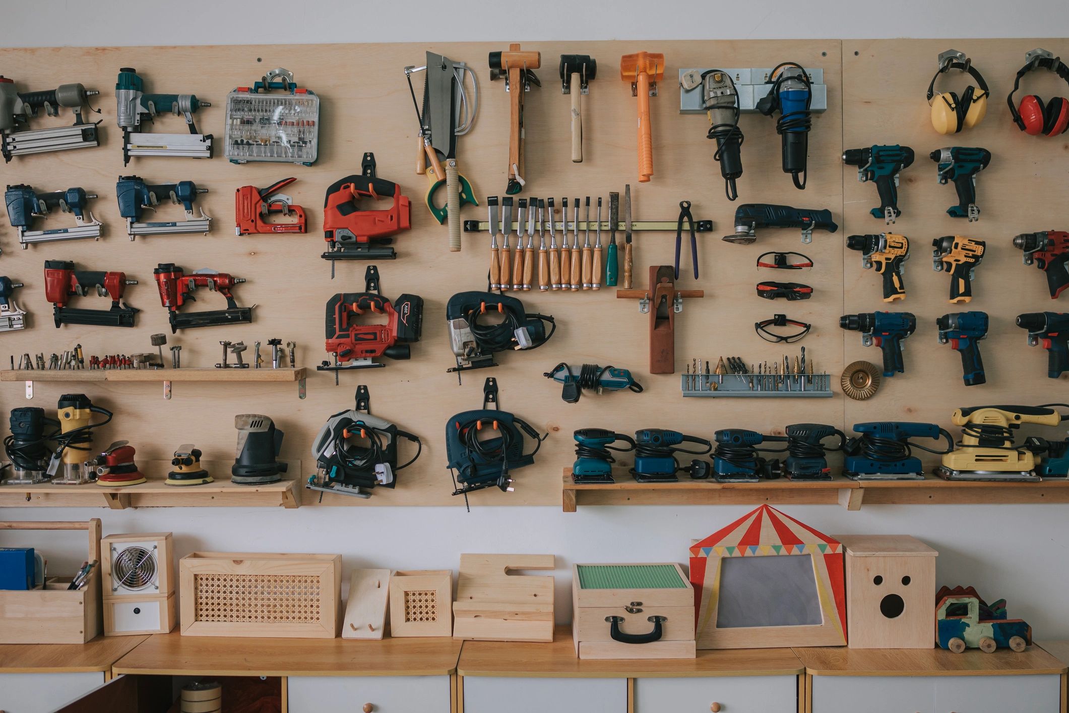 Workbench with hand tools laid out